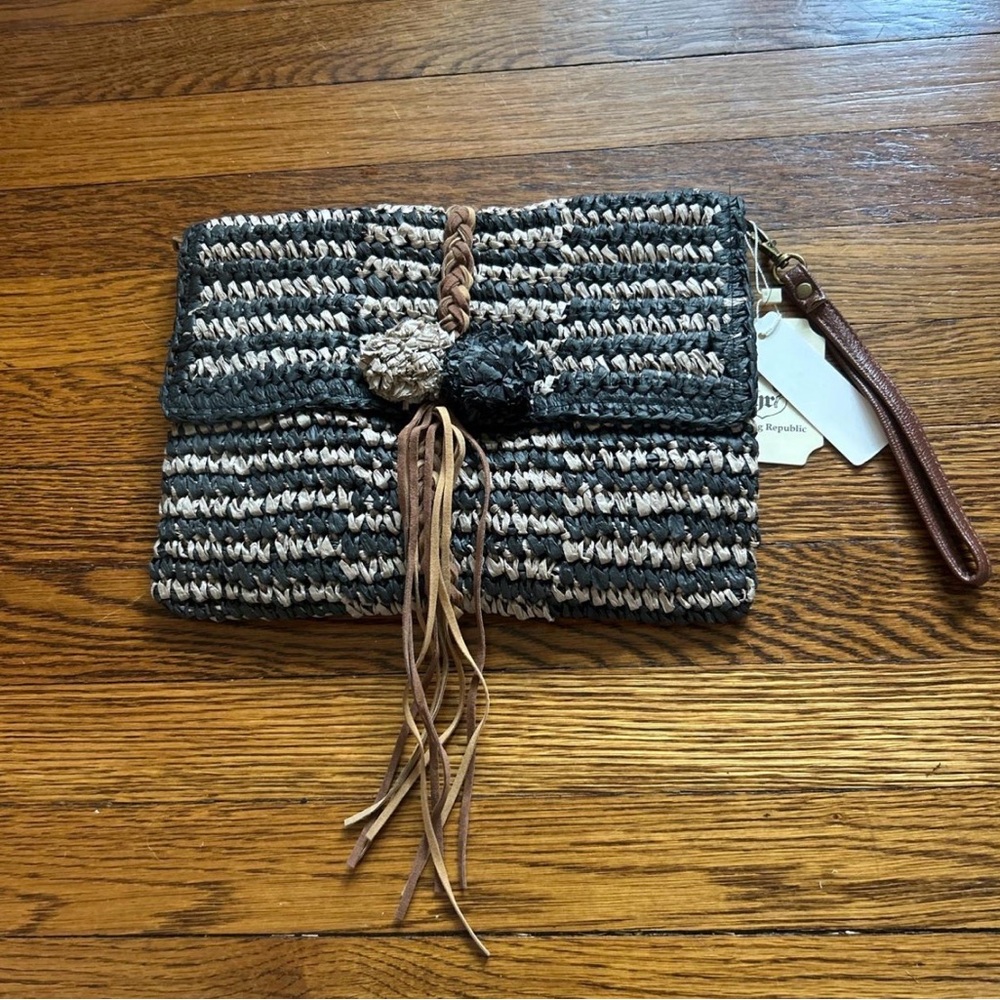The Sak Black and Tan Striped Clutch with Braided Accent